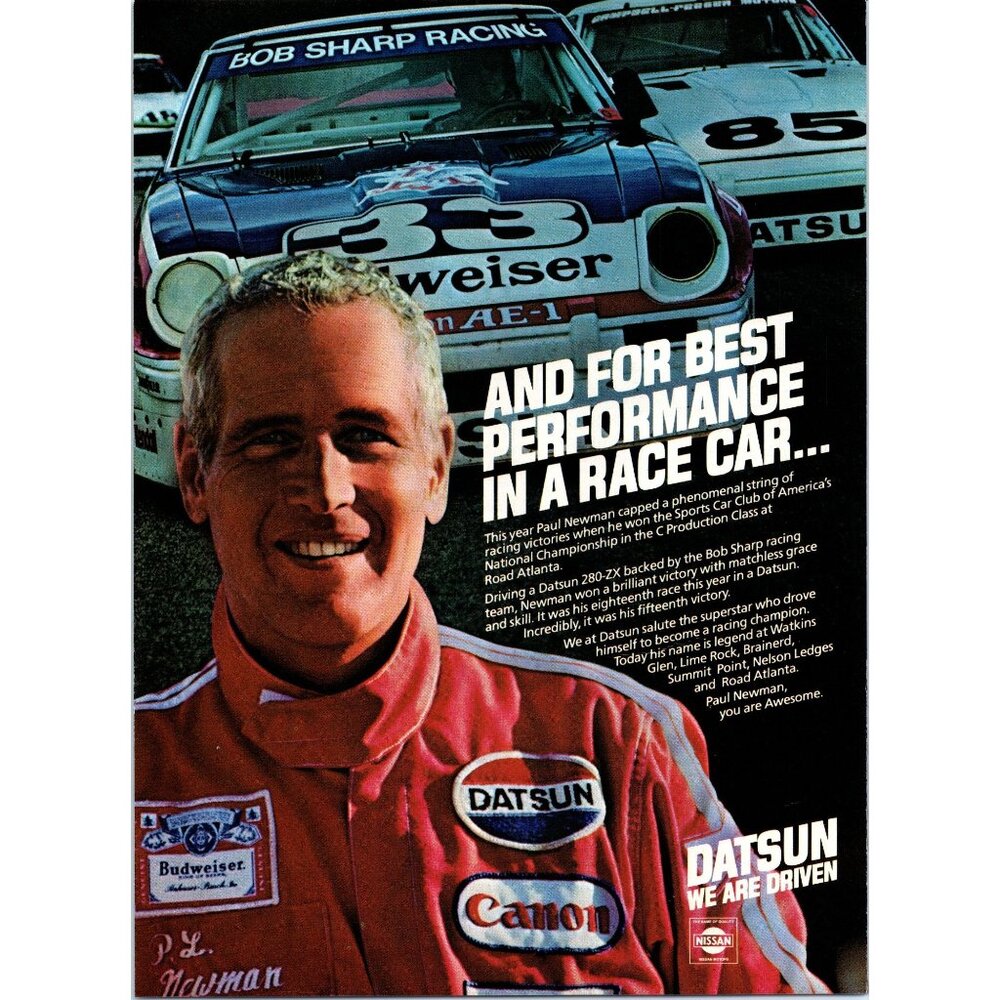 1980 Datsun 280-ZX 280ZX Paul Newman SCCA Vintage Print Ad Budweiser Wall Art